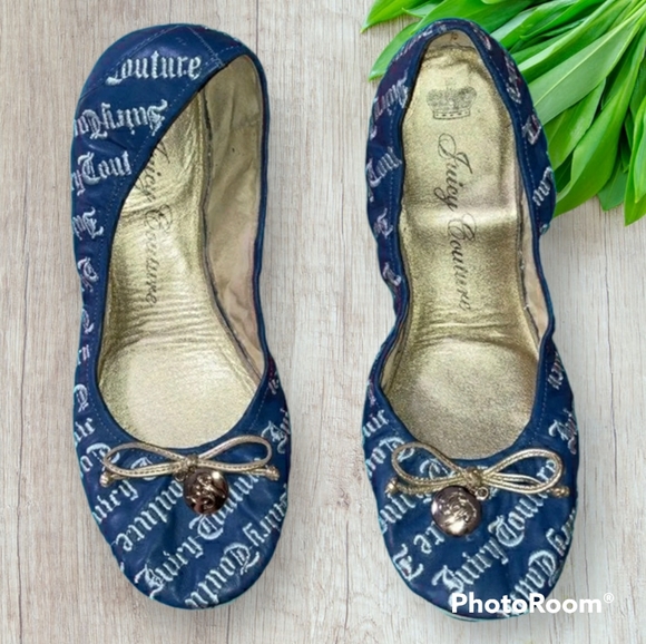 RARE Y2K Juicy Couture Logo EMO Ballet Flats Blue Shoes 10 denim friendly - Picture 1 of 5
